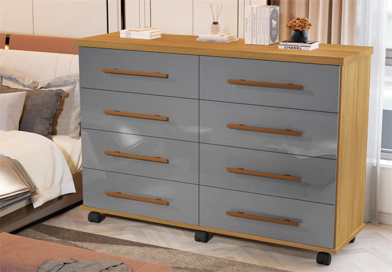 Comoda com 8 Gavetas e Rodízios Jade Cinza Onix/Mel - Lidecor