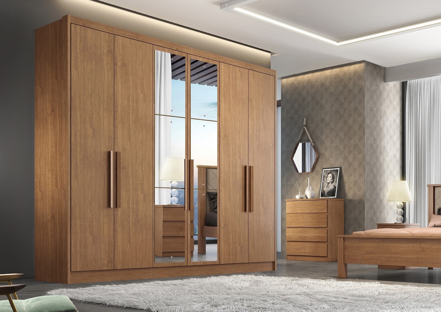 Guarda Roupa Rizon Plus Com Espelhos 2.43m 100% MDF 06 Portas e 06